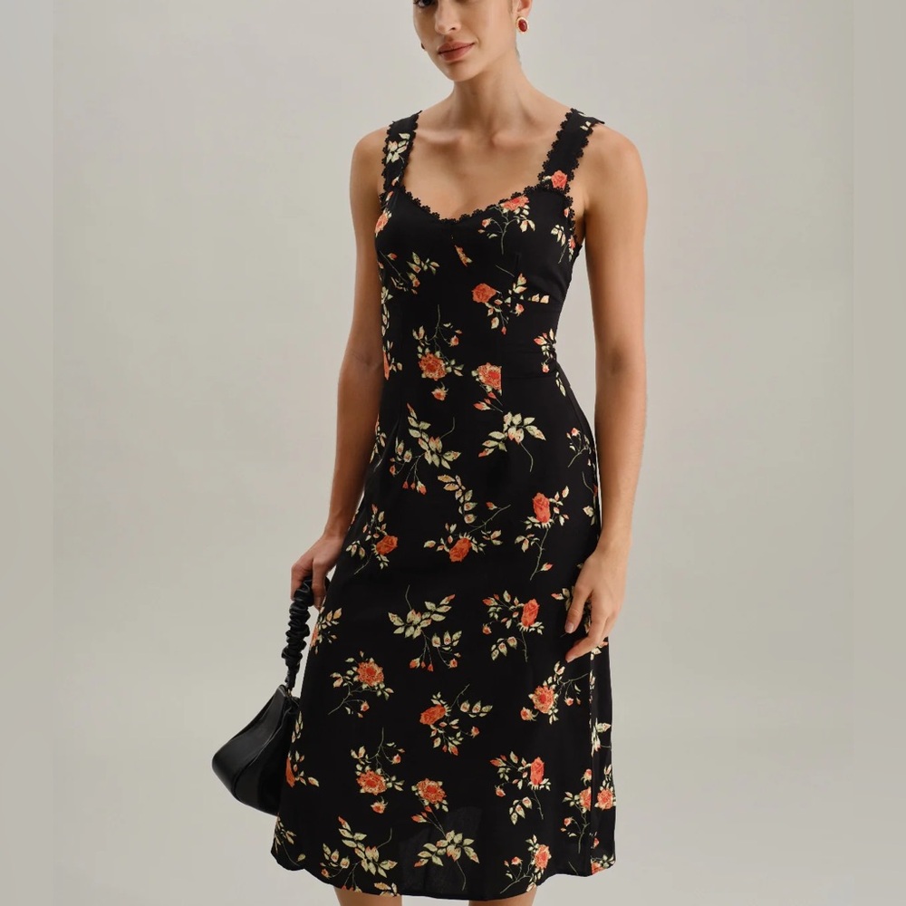 Rihoas Black Floral Shirred Slip Maxi Dress